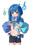  1girl :p areola_slip bike_shorts blue_hair bob_cut covering_nipples covering_privates cowboy_shot drawstring flat_chest hair_ornament halo highres hitodama indie_virtual_youtuber jacket jaggy_lines mochituke_nullpo mole mole_under_eye multicolored_hair navel pixel_art psd_available simple_background sleeves_past_wrists solo stomach streaked_hair symbol-shaped_pupils tamaya tongue tongue_out virtual_youtuber white_background yellow_eyes zipper 
