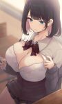  1girl absurdres black_hair blue_eyes blurry blurry_background bow bowtie bra breasts cellphone classroom clothes_lift highres holding holding_phone huge_breasts indoors large_breasts long_sleeves original phone ryuu. school_uniform shirt shirt_lift short_hair skirt sweater underwear white_shirt 
