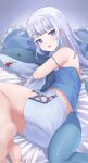  1girl alternate_costume angeldu bare_legs barefoot blue_camisole blue_eyes blue_hair blunt_bangs blurry blush breasts camisole casual commentary cross-laced_clothes cross-laced_shorts depth_of_field fang fins fish_tail frilled_pillow frills full_body gawr_gura grey_hair highres holding holding_stuffed_toy hololive hololive_english long_hair looking_at_viewer lying multicolored_hair on_bed on_side open_mouth pillow shark_tail short_shorts shorts skin_fang small_breasts solo strap_slip streaked_hair stuffed_animal stuffed_shark stuffed_toy sweatdrop symbol-only_commentary tail two-tone_hair virtual_youtuber white_shorts 