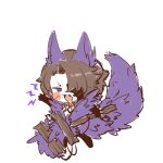  1boy :3 animal_ears arm_up black_gloves brown_hair chibi coat e.g.o_(project_moon) fangs gloves heathcliff_(project_moon) holding jewelry limbus_company necklace open_mouth project_moon purple_coat purple_eyes smile solo tail tooth_necklace uchimura_(rino0525) utility_pole wolf_ears wolf_tail 