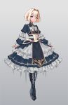  1girl absurdres ahrius_fox blonde_hair blue_dress blue_eyes brown_dust_2 chest_armor cross-laced_clothes cross-laced_legwear dress embroidered_dress frilled_dress frills full_body high_heels highres jewelry justia_(brown_dust) necklace short_hair turtleneck_dress 