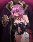  1boy 1girl 5t_(5t_000) absurdres arms_behind_back aura_(sousou_no_frieren) bare_shoulders black_corset black_gloves braid breasts cameltoe cleavage clenched_teeth clothing_cutout corset demon_girl demon_horns elbow_gloves english_commentary gloves gold_necklace highres holding holding_leash horns jewelry large_breasts leash long_hair looking_back low-braided_long_hair multiple_braids multiple_rings navel navel_cutout necklace panties ring shaded_face skirt sousou_no_frieren teeth torn_clothes torn_skirt underwear white_panties white_skirt 
