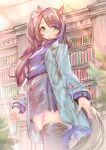  1girl animal_ears black_hair black_thighhighs blue_coat blue_sweater casual coat from_below green_eyes grey_skirt horse_ears horse_girl horse_tail long_hair looking_to_the_side satono_crown_(umamusume) side_ponytail skirt smile solo sweater tail thighhighs umamusume usapenpen2019 zettai_ryouiki 