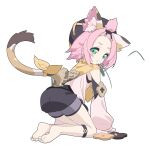  1girl absurdres aiee all_fours animal_ear_fluff animal_ears aqua_eyes bangs_pinned_back barefoot black_shorts cat_ears cat_girl cat_tail detached_sleeves diona_(genshin_impact) forehead genshin_impact highres long_sleeves mouth_hold multicolored_tail pink_hair pink_sleeves puffy_long_sleeves puffy_sleeves short_eyebrows short_hair short_shorts shorts simple_background soles solo tail thick_eyebrows toes white_background 