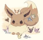  :o animal_focus black_eyes blue_eyes blush brown_eyes brown_fur chibi chibi_inset closed_eyes commentary dot_mouth eevee espeon flareon fluffy forehead_jewel glaceon happy heart highres jolteon leafeon lying no_humans on_back on_stomach open_mouth ovoip pokemon pokemon_(creature) purple_eyes ribbon smile sylveon umbreon vaporeon yellow_background yellow_fur 