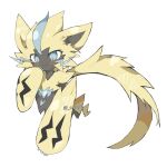  blue_eyes blush_stickers claws cropped_torso hand_on_own_face highres ovoip pokemon pokemon_(creature) simple_background smile spiked_hair twitter_username white_background yellow_fur zeraora 
