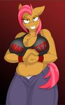  anthro anthrofied armband babs_seed_(mlp) big_breasts breasts chubby cleavage clothed clothing english_text equine female freckles friendship_is_magic green_eyes hair half-closed_eyes horse jeans jrvanesbroek looking_at_viewer mammal my_little_pony navel pony purple_hair red_hair shirt smile solo tank_top text two_tone_hair vest 