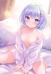  1girl barefoot bed_sheet between_legs blue_eyes blue_hair blush breasts closed_mouth collared_shirt commentary_request commission dress_shirt h.live hair_ornament hand_between_legs heart heart_hair_ornament long_sleeves looking_at_viewer luna_neige naked_shirt nikoo off_shoulder pillow pixiv_commission shirt sitting small_breasts solo virtual_youtuber wariza white_shirt 