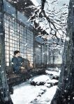  1boy black_hair brown_hakama bush full_body fushiguro_touji hakama highres japanese_clothes jj59u jujutsu_kaisen male_focus open_mouth outdoors scar scar_on_face scar_on_mouth short_hair sitting snow snowing solo teeth tongue tree upper_teeth_only winter 