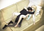  2boys black_hair blonde_hair blue_eyes closed_eyes closed_mouth couch eichi_turnr ensemble_stars! highres korean_text lying lying_on_person male_focus multiple_boys on_back on_couch sakuma_rei_(ensemble_stars!) short_hair sweatdrop tenshouin_eichi thought_bubble yaoi 