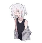  1girl ahoge black_tank_top blue_eyes blush collarbone fang flat_chest grey_hoodie heterochromia higashi_shino hood hoodie nowareno_(higashi_shino) original pointy_ears short_ponytail skin_fang slit_pupils solo tank_top upper_body white_background white_hair 