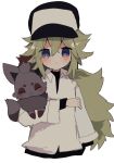  1boy animal baseball_cap black_fur black_headwear black_shirt blue_eyes blush closed_eyes collared_shirt commentary cropped_torso green_hair happy hat highres holding holding_animal holding_pokemon layered_shirt long_hair low_ponytail male_focus n_(pokemon) ovoip pokemon pokemon_(creature) shirt sidelocks simple_background smile white_background white_shirt zorua 