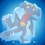 1:1 absurd_res albinoturtle ambiguous_gender anthro blue_background blue_body dragon feet frozen garchomp generation_4_pokemon hi_res ice nintendo on_one_leg pokemon pokemon_(species) scalie simple_background solo standing surprised_expression surprised_look talons toes yellow_sclera