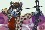 ailurid anthro archery arrow_(weapon) bow_(weapon) clothed clothing female fully_clothed half_body hi_res mammal ranged_weapon red_clothing red_panda red_shirt red_topwear shirt solo sydney_onmars topwear weapon yellow_eyes