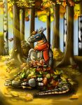 anonymous_artist anthro autumn day forest forest_background grey_body hi_res leaf male nature nature_background orange_eyes plant scarf sitting sleeping solo synth_(vader-san) tree