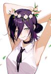 1girl armpits arms_up ateoyh bare_arms bare_shoulders black_choker chainsaw_man choker commentary_request flower green_eyes hair_between_eyes highres looking_at_viewer purple_hair reze_(chainsaw_man) shirt short_hair sleeveless sleeveless_shirt smile solo upper_body white_flower white_shirt 