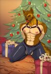 abs absurd_res anthro arms_tied awordnax ball_gag bdsm bound canid canine canis christmas clothing domestic_dog erect_nipples gag hi_res holidays kneeling leather leather_clothing male mammal muscular muscular_anthro nipples solo