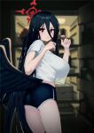  1girl :t absurdres black_hair black_wings blue_archive breasts buruma eating hasumi_(blue_archive) highres large_breasts long_hair looking_at_viewer looking_back red_eyes shirt shirt_overhang solo t-shirt v-shaped_eyebrows very_long_hair wings yinmizuhare 
