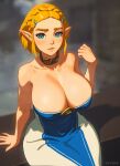  1girl alternate_breast_size alternate_costume blonde_hair braid breasts cleavage crown_braid dress forehead glooz_art hair_ornament hairclip highres huge_breasts looking_at_viewer official_alternate_hair_length official_alternate_hairstyle parted_bangs parted_lips pointy_ears princess_zelda solo the_legend_of_zelda the_legend_of_zelda:_tears_of_the_kingdom white_dress wide_hips 