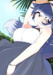  1girl bare_shoulders blue_hair blue_sky dire_wolf_(kemono_friends) dress grey_eyes hat highres illu_(illu_stratos) kemono_friends long_hair looking_at_viewer multicolored_hair nature one_eye_closed outdoors skirt sky sleeveless solo summer sundress two-tone_hair white_hair wolf_girl 