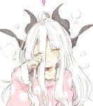  1girl abara_heiki ahoge black_horns blue_archive blush closed_eyes closed_mouth demon_horns hina_(blue_archive) horns long_hair long_sleeves multiple_horns pajamas pink_pajamas polka_dot polka_dot_pajamas simple_background solo upper_body very_long_hair white_background white_hair 