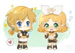  +_+ 1boy 1girl black_shorts blonde_hair blue_eyes blush chibi chinese_commentary commentary_request cosplay detached_sleeves flying_sweatdrops green_eyes hair_ornament hairband hairclip heart kagamine_len kagamine_len_(cosplay) kagamine_rin kagamine_rin_(cosplay) link pointy_ears princess_zelda sailor_collar sailor_shirt sheikah_slate shirt shorts spoken_heart sweat the_legend_of_zelda the_legend_of_zelda:_breath_of_the_wild vocaloid white_hairband yun_(dl2n5c7kbh8ihcx) 