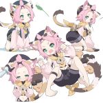  1girl 1other absurdres aiee all_fours animal_ear_fluff animal_ears aqua_eyes bangs_pinned_back barefoot black_shorts blush blush_stickers cat_ears cat_girl cat_tail claw_pose closed_mouth commentary_request detached_sleeves diona_(genshin_impact) disembodied_limb forehead genshin_impact headpat highres long_sleeves lying midriff multicolored_tail multiple_views navel on_back open_mouth pink_hair pink_sleeves puffy_long_sleeves puffy_sleeves short_eyebrows short_hair short_shorts shorts simple_background tail thick_eyebrows toenails toes white_background 