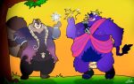 anthro artur_oink belly bovid bovine brown_body brown_fur canid canine cattle duo fur hooves horn killigan killigan&#039;s_treasure male male/male mammal musclegut nipples pecs purple_body purple_fur raccoon_dog tanuki