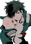  1boy agehrak bent_over biceps bodysuit boku_no_hero_academia finger_to_mouth freckles gloves green_bodysuit green_hair hand_on_own_hip hood hooded_bodysuit looking_at_viewer male_focus midoriya_izuku multicolored_hair off_shoulder one_eye_closed open_mouth solo spiked_hair split-color_hair white_background 