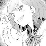  1girl bow burisuke_(koujiro) collared_shirt commentary_request copyright_request earrings greyscale grin hair_ornament hairclip jacket jewelry monochrome plaid plaid_bow sharp_teeth shirt smile solo swept_bangs teeth translation_request upper_body 