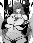  1girl ;d abs absurdres ahoge bare_shoulders blush breasts bridal_gauntlets chest_tattoo cleavage collarbone demon_girl demon_wings greyscale highres horns large_breasts long_hair looking_at_viewer monochrome navel one_eye_closed open_mouth original pointy_ears sideboob smile solo tattoo underboob wings yones81239278 