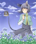  akagashi_hagane animal_ears bad_id bad_pixiv_id closed_eyes flower highres mouse mouse_ears mouse_tail navel nazrin pendulum petals short_hair solo tail touhou 