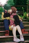  1boy 1girl boku_no_hero_academia brown_hair closed_eyes couple green_hair hand_on_another&#039;s_head hetero highres hood hoodie instagram_username jacket kiss long_bangs messy_hair midoriya_izuku mu_1_2 pants pink_footwear red_footwear shoes short_hair shorts sitting sitting_on_stairs sneakers stairs twitter_username uraraka_ochako 