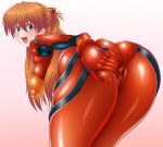  1girl ass ass_grab bar_censor bent_over blue_eyes blush bodysuit breasts censored covered_nipples grabbing_own_ass highres large_breasts long_hair looking_at_viewer looking_back neon_genesis_evangelion open_mouth orange_hair plugsuit red_bodysuit skin_tight solo souryuu_asuka_langley yamagakitaze 