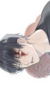  1boy black_hair blood blood_on_face fushiguro_touji green_eyes highres holding jujutsu_kaisen lips male_focus parted_lips portrait scar scar_on_face scar_on_mouth short_hair sideways solo white_background worm yofu_(0042_2400) 