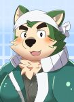 anthro bandanna blush bust_portrait canid canine canis domestic_dog eyebrows fur green_body green_fur hi_res kerchief lifewonders live_a_hero looking_at_viewer male mammal mokdai portrait solo thick_eyebrows tukiguma761