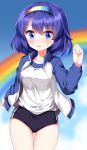  1girl bare_legs black_buruma blue_eyes blue_hair blue_sky blurry blurry_background blush breasts buruma cloud collarbone commentary_request cowboy_shot gym_uniform hair_between_eyes hairband highres jacket looking_at_viewer multicolored_hairband open_clothes open_mouth rainbow ruu_(tksymkw) shirt short_hair sky small_breasts solo sweatdrop tenkyuu_chimata touhou track_jacket white_shirt 