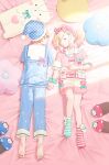  1boy 1girl 2_(tsvf3235) barefoot blonde_hair blue_pajamas bow brother_and_sister closed_mouth gradient_hair hair_bow hair_ornament hairclip hat heart heart_print highres looking_at_another lying mismatched_socks multicolored_hair nightcap on_back on_bed on_stomach open_mouth orange_eyes orange_hair pajamas pillow pink_hair pink_pajamas polka_dot project_sekai scrunchie short_hair siblings sleeping slippers smile socks striped striped_socks stuffed_toy tenma_saki tenma_tsukasa twintails wrist_scrunchie yellow_eyes 