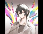  1boy black_eyes black_hair black_shirt blush closed_mouth crystal_wings e.g.o_(project_moon) limbus_company looking_at_viewer mirror project_moon sang_yi_(project_moon) shirt smile solo uchimura_(rino0525) upper_body 