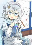  1girl apron blue_eyes breasts cup grey_hair holding holding_cup indoors lapel_pin large_breasts letty_whiterock looking_at_viewer matsu_kitsune mug open_mouth scarf short_hair snowman solo touhou waist_apron white_apron window yuki_onna 