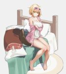 1girl absurdres bare_legs bare_shoulders bed_sheet blue_eyes brown_dust_2 c-eye camisole closed_mouth hair_over_eyes highres holding holding_clothes holding_sword holding_weapon justia_(brown_dust) knees_together_feet_apart looking_at_viewer messy_hair on_bed pillow pink_camisole rug sitting sleep_mask sleepwear small_horns sword weapon wooden_sword 