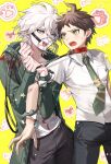  2boys :d ahoge badge black_pants breast_pocket brown_hair collar collarbone cuffs danganronpa_(series) danganronpa_2:_goodbye_despair dog green_jacket green_necktie grey_hair hai_yu_(haiyu_muyo) handcuffs highres hinata_hajime holding holding_leash hood hood_down hooded_jacket jacket komaeda_nagito leash long_sleeves male_focus messy_hair multiple_boys muzzle necktie open_clothes open_jacket pants pocket print_shirt shirt short_hair smile sticker sweat teeth upper_teeth_only yaoi yellow_background 