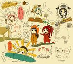  5girls akemi_homura animal_costume animal_ears bad_id bad_pixiv_id beige_background beret bowl controller costume drill_hair food fruit full_body hat kaname_madoka light_rays long_sleeves magical_girl mahou_shoujo_madoka_magica mandarin_orange miki_sayaka multiple_girls orange peeking remote_control rice rice_bowl rice_spoon sakura_kyouko sheep sheep_costume sheep_ears sheep_girl sheep_tail simple_background standing tail tomato tomoe_mami translation_request twin_drills uzaki_(jiro) 