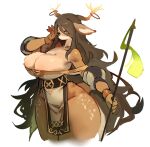 anthro areola areola_slip bare_shoulders big_breasts bottomwear breasts brown_body brown_fur bulging_breasts cleavage clothed clothing deer dress ears_down female fur hi_res holding_object holding_staff horn loincloth looking_at_viewer mammal pivoted_ears simple_background solo staff thick_thighs utterangle white_background white_clothing white_dress wide_hips