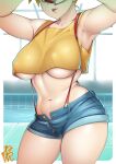  1girl aged_up alternate_breast_size armpits blue_shorts breasts commentary covered_nipples crop_top curvy denim denim_shorts english_commentary hand_over_eye head_out_of_frame holding holding_poke_ball indoors large_breasts lips misty_(pokemon) mixed-language_commentary navel neone no_bra no_panties open_fly poke_ball poke_ball_(basic) pokemon pokemon_(anime) pokemon_(classic_anime) poolside rei_no_pool shorts solo suspender_shorts suspenders tank_top thick_thighs thighs underboob yellow_tank_top 