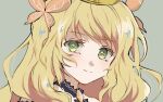  1girl blonde_hair bow butterfly_hair_ornament celine_(fire_emblem) crown fire_emblem fire_emblem_engage green_eyes hair_ornament highres long_hair looking_at_viewer oda32t orange_gemstone portrait princess 