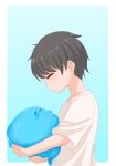  1boy :d absurdres aqua_background black_hair blush border closed_eyes creature gradient_background highres hikyou_takarasou holding holding_creature original shirt slime_(creature) smile t-shirt white_border white_shirt 