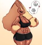 &lt;3 2023 abs absurd_res anthro big_ears black_sclera bodily_fluids bottomwear breasts brown_body clothing dialogue female floppy_ears generation_4_pokemon gym_clothing hi_res long_ears looking_at_viewer lopunny muscular muscular_anthro muscular_female muscular_thighs nintendo pokemon pokemon_(species) red_eyes saltyxodium shirt shorts smile solo spanish_text speech_bubble sweat tank_top text thick_thighs topwear translation_request