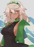  1girl black_dress blonde_hair blush breasts cheesenaanlassi clover collar cosplay dark-skinned_female dark_skin dress elphelt_valentine elphelt_valentine_(cosplay) four-leaf_clover green_hairband green_jacket guilty_gear guilty_gear_strive hair_between_eyes hairband highres jacket large_breasts long_hair long_sleeves looking_at_viewer orange_eyes ramlethal_valentine sideboob skull_print spiked_collar spiked_hairband spikes 