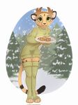 2023 anthro black_spots breasts clothed clothing cookie digital_media_(artwork) felid feline female food fully_clothed fur green_eyes hi_res holding_plate inner_ear_fluff leg_warmers legwear looking_at_viewer mammal open_mouth open_smile outside plant smile snow snowing solo spots spotted_body spotted_fur tree tuft yellow_body yellow_fur yshanii